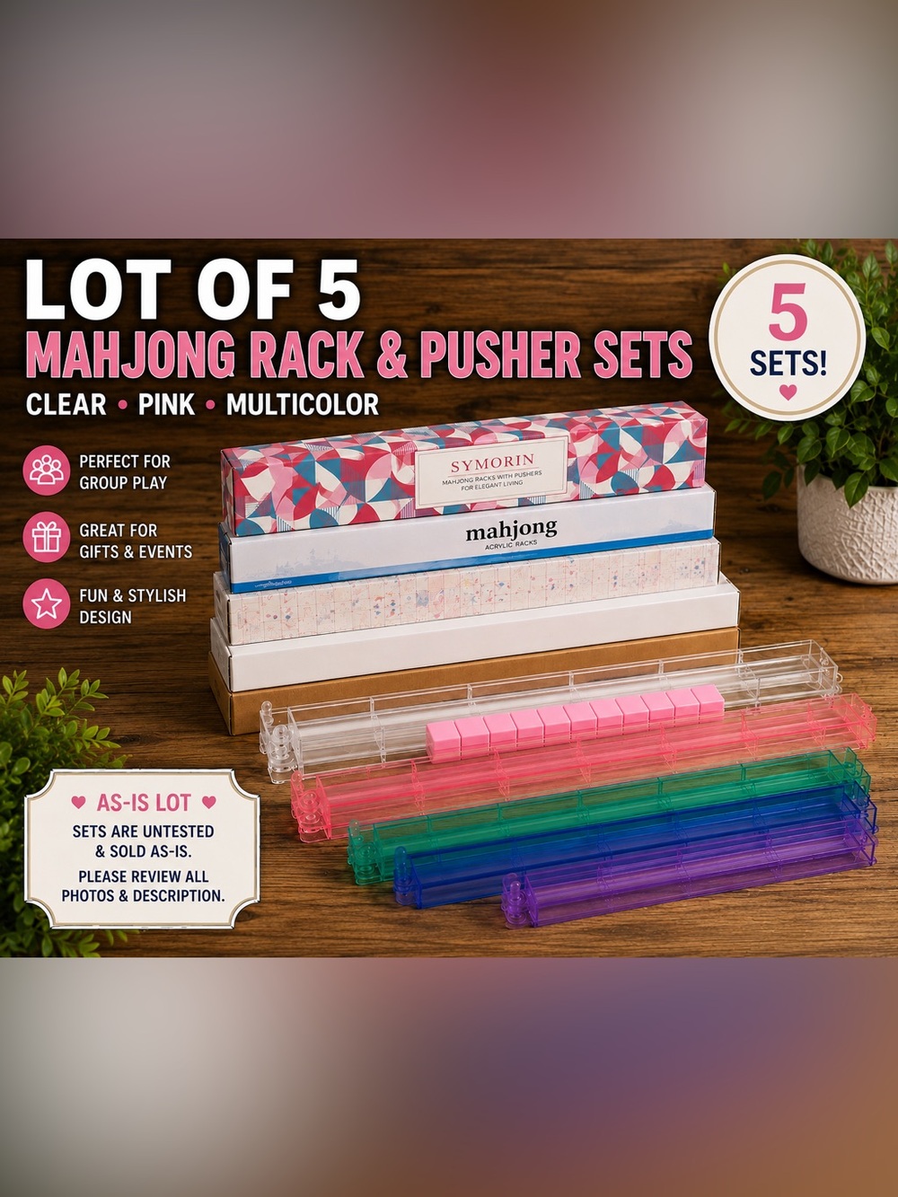Lot of 5 Mahjong Rack & Pusher Sets Clear Blue Pink Multicolor w/boxes -AS IS